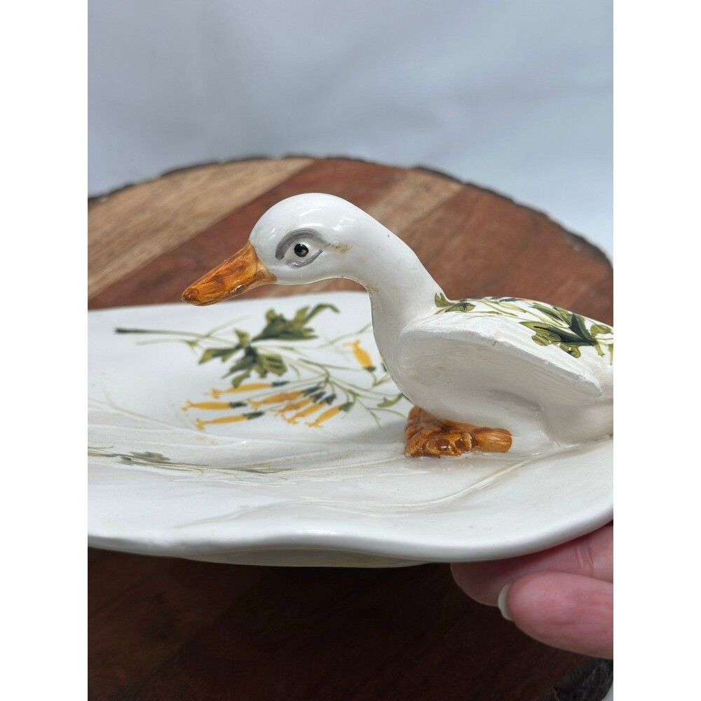 Italian Figural Duck on Floral Hand Painted Dish Trinket Dresser Catch